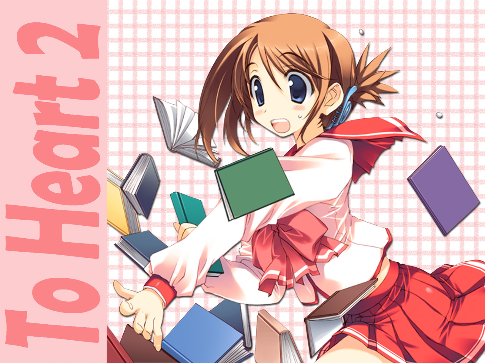 komaki manaka, to heart (series), to heart 2, highres, 00s, 1girl, blue eyes, book, brown hair, female focus, folded ponytail, school uniform, solo