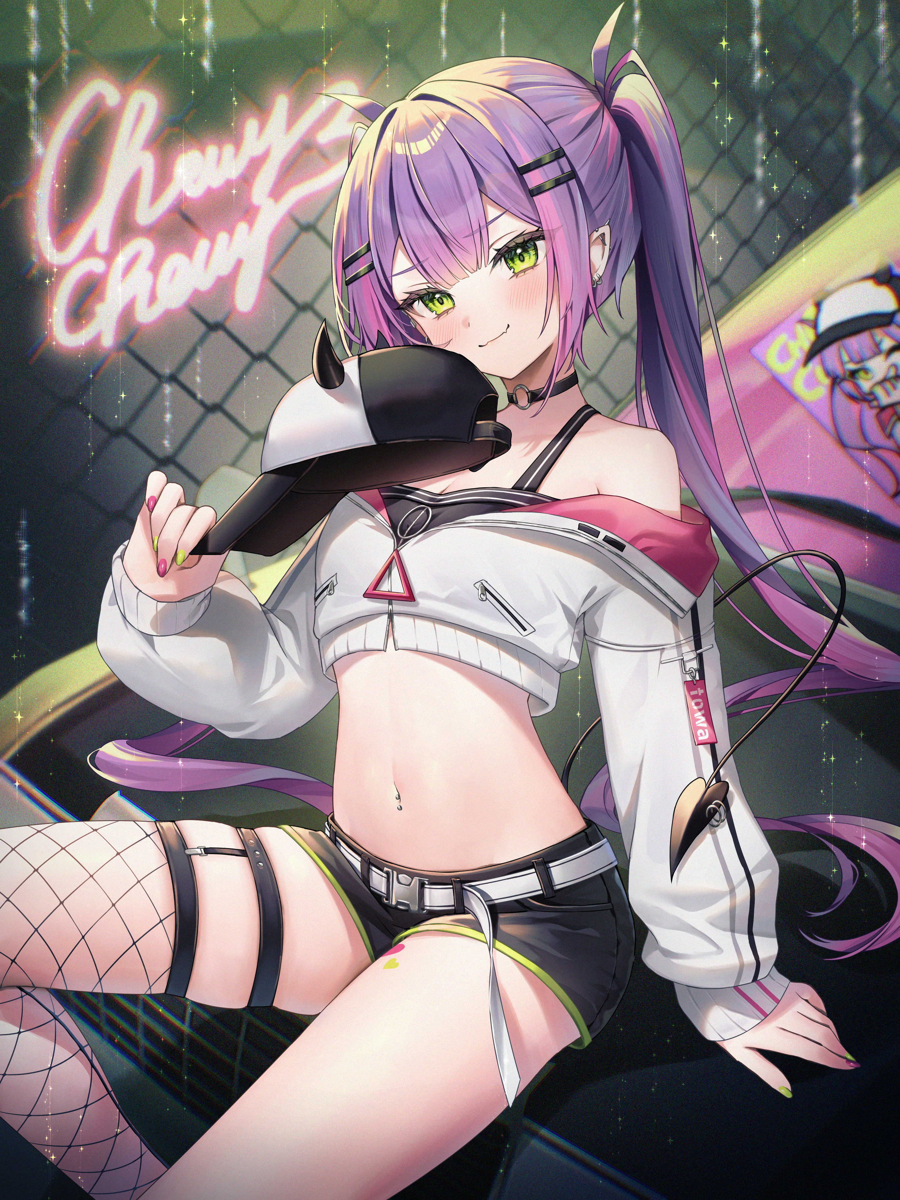 runlan 0329, tokoyami towa, tokoyami towa (1st costume), hololive, absurdres, commentary request, highres, 1girl, barbell piercing, baseball cap, belt, black choker, black hat, black shorts, black tank top, center-flap bangs, chain-link fence, choker, closed mouth, colored inner hair, crop top, cropped jacket, demon girl, demon tail, double-parted bangs, ear piercing, fake horns, fence, fishnet thighhighs, fishnets, green eyes, hair between eyes, hair ornament, hairclip, hand up, hat, holding, holding unworn clothes, holding unworn hat, horned headwear, horns, industrial piercing, jacket, long hair, long sleeves, looking at viewer, midriff, multicolored hair, nail polish, navel, navel piercing, o-ring, o-ring choker, parallel hairclips, piercing, pink hair, pointy ears, purple hair, short shorts, shorts, single thighhigh, sitting, smile, solo, spike piercing, streaked hair, tail, tail ornament, tail piercing, tank top, thigh strap, thighhighs, twintails, unworn hat, unworn headwear, virtual youtuber, white belt, white jacket