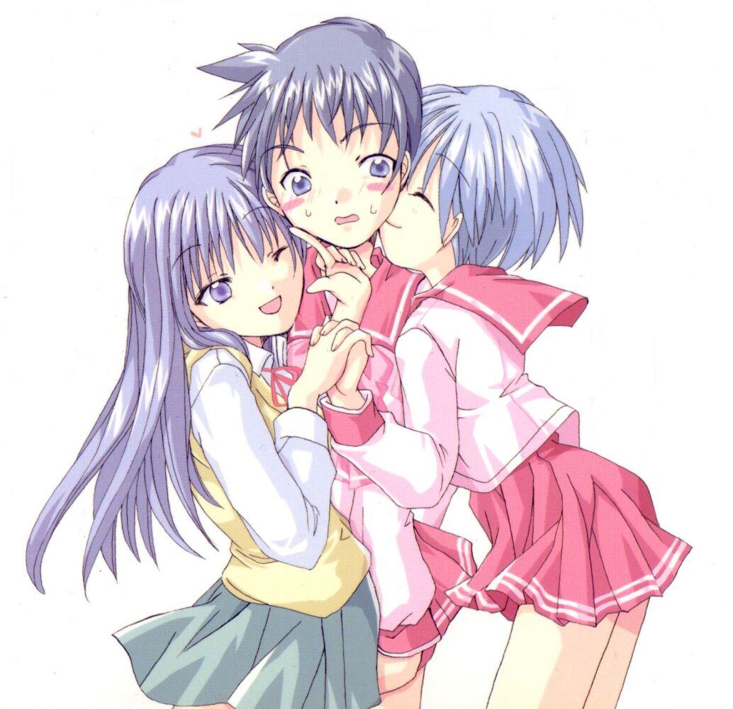 izumi rei, kurusugawa ayaka, matsubara aoi, to heart, to heart (series), 3girls, blue eyes, blue hair, blush, closed eyes, heart, holding hands, multiple girls, one eye closed, purple eyes, purple hair, school uniform, short hair, smile, sweat, wink, yuri