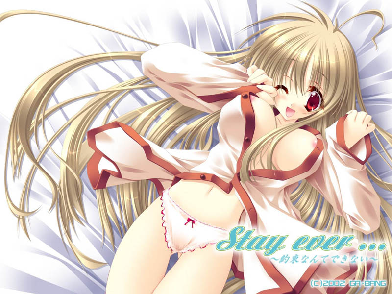 senoue naho, stay ever, artist request, source request, 1girl, blonde hair, breasts, female focus, large breasts, long hair, lying, navel, nipple slip, nipples, panties, red eyes, solo, underwear, watermark
