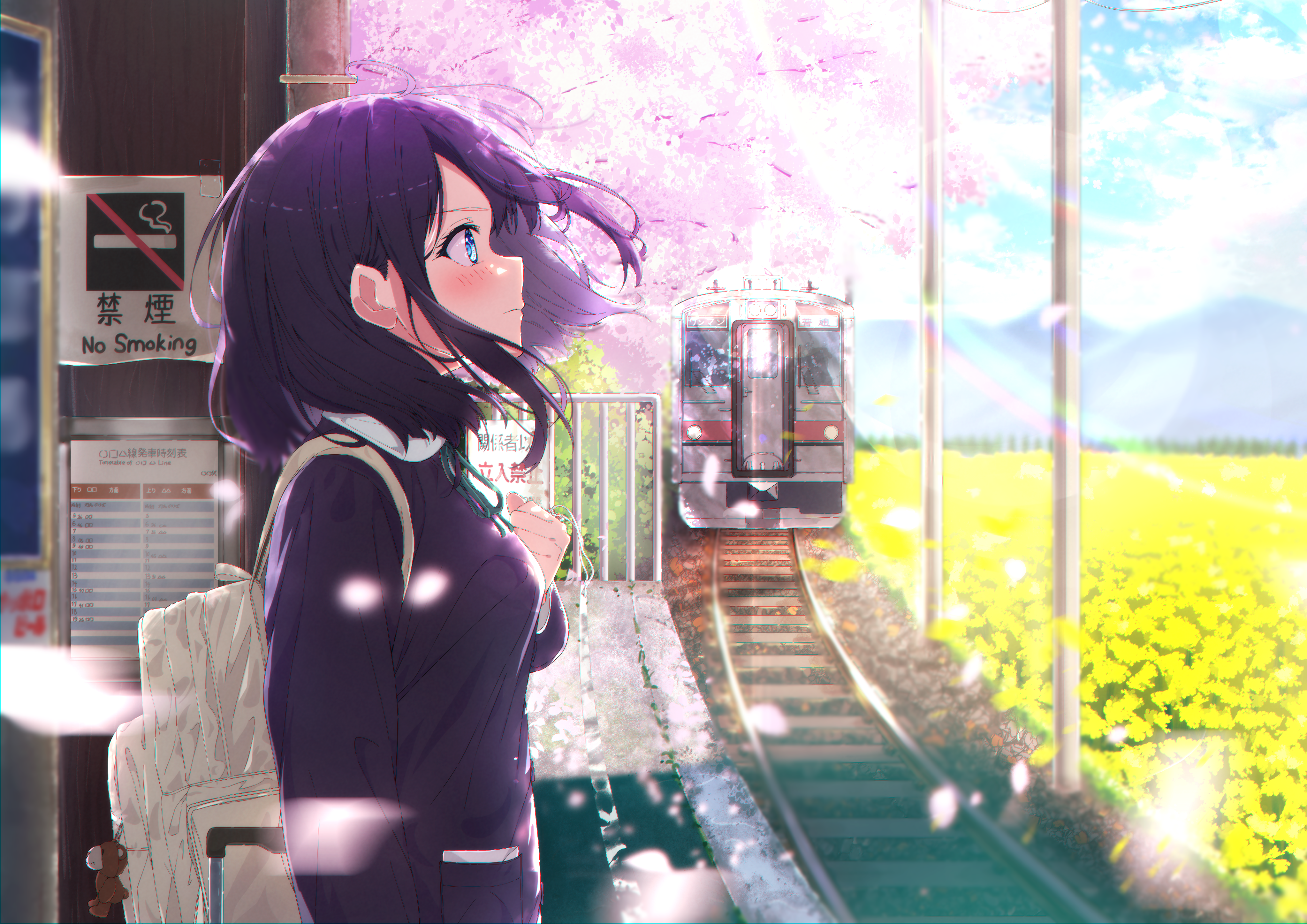 original, absurdres, highres, 1girl, black hair, blue eyes, blush, cherry blossoms, looking afar, petals, pink petals, scenery, school uniform, short hair, solo, sunlight, train, yukikawa juri