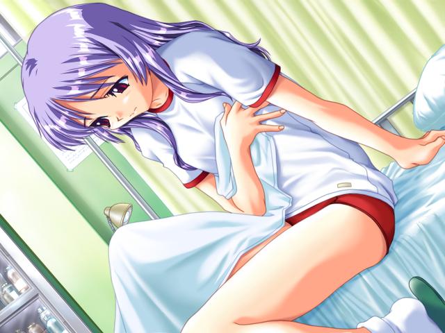himekawa kotone, to heart, to heart (series), game cg, bed, blouse, buruma, gym uniform, infirmary, purple hair, red eyes, shirt, slippers, socks, solo, thighs, white shirt, white slippers