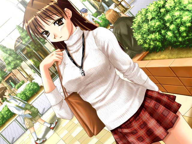 hoshina tomoko, to heart, to heart (series), game cg, 1girl, 2boys, bag, brown eyes, brown hair, casual, dutch angle, female focus, handbag, jewelry, multiple boys, necklace, no eyewear, plaid clothes, plaid skirt, skirt, solo, sweater