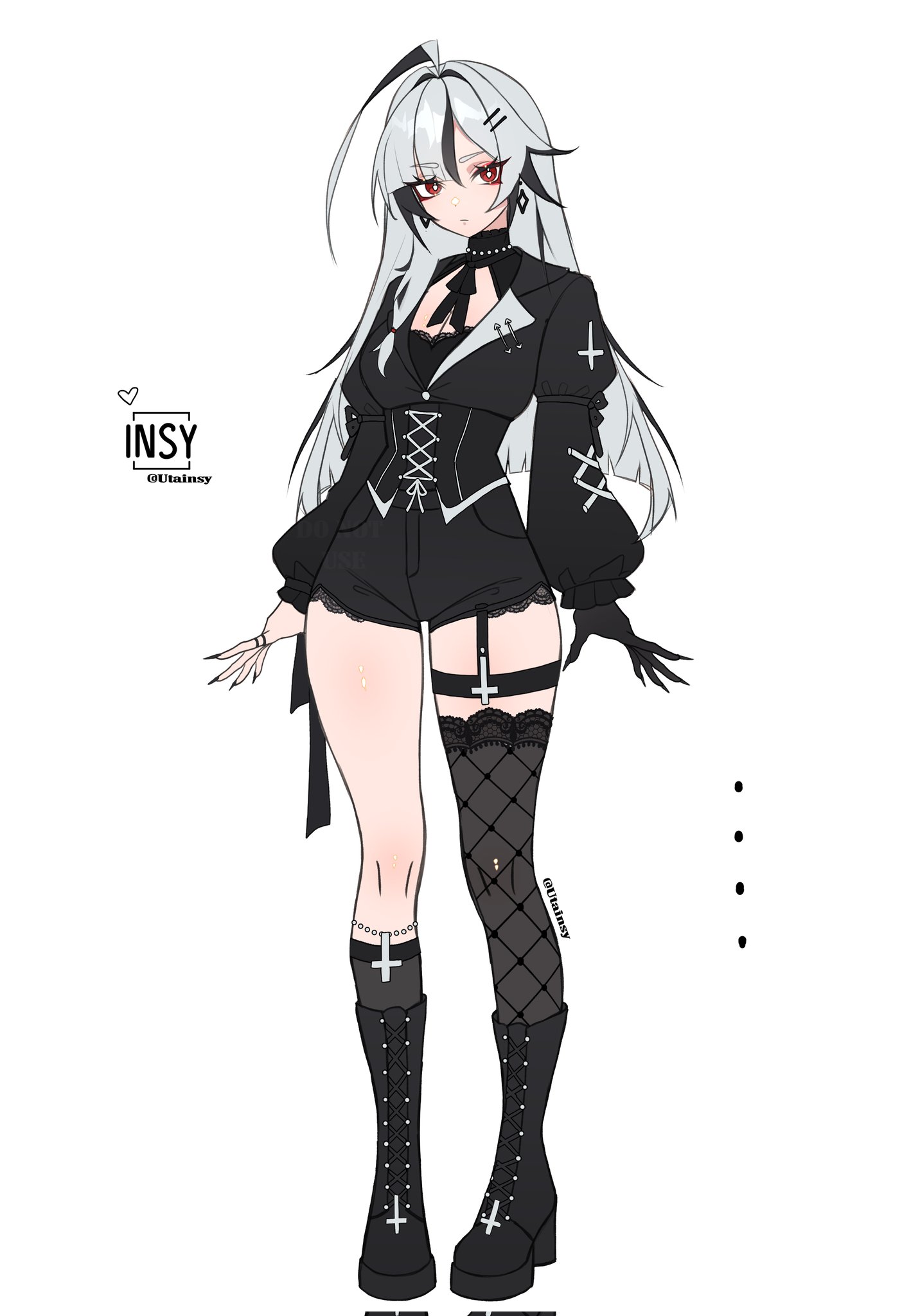 utainsy, original, highres, 1girl, ahoge, asymmetrical legwear, black boots, black corset, black hair, black jacket, black shorts, black thighhighs, boots, corset, cropped jacket, cross, earrings, fishnet thighhighs, fishnets, full body, grey hair, jacket, jewelry, long hair, long sleeves, looking at viewer, multicolored hair, red eyes, shorts, simple background, solo, standing, streaked hair, thighhighs, white background