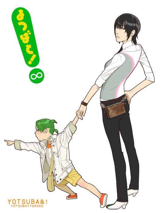 fugi jis, koiwai yotsuba, torako (yotsubato!), yotsubato!, 2girls, androgynous, bag, black hair, child, copyright name, denim, from side, green hair, hand grab, hand on own hip, holding hands, jeans, looking at viewer, looking to the side, multiple girls, outstretched arm, pants, pointing, short hair, shorts, shoulder bag, simple background, twintails, unbuttoned, white background, yellow shorts