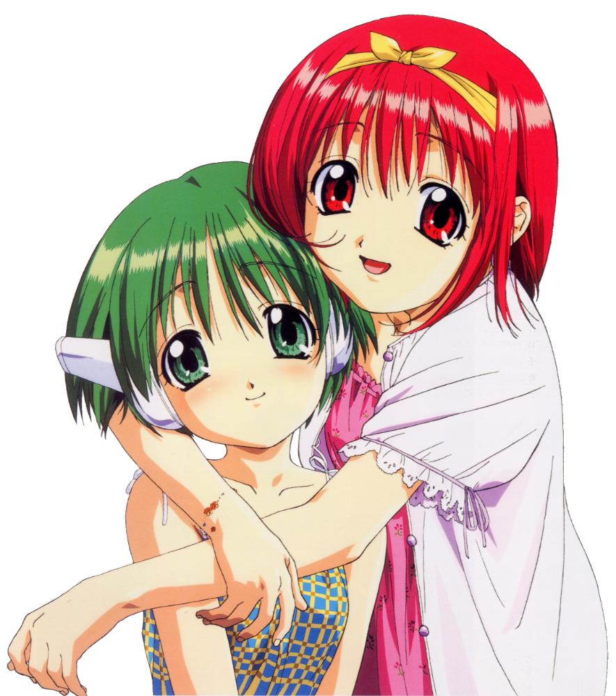 kamigishi akari, multi (to heart), to heart, to heart (series), 2girls, blush, bow, green hair, hug, multiple girls, red hair, robot ears, yellow bow