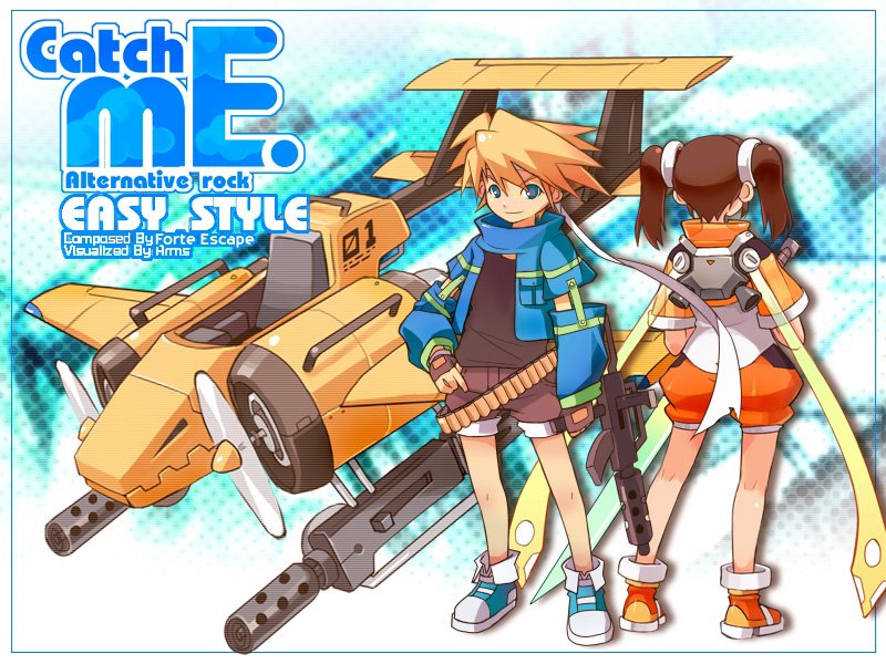 djmax, djmax portable, 1boy, 1girl, aircraft, airplane, back, black hair, blonde hair, blue eyes, fingerless gloves, from behind, gloves, gun, jetpack, smile, twintails, vehicle focus, weapon