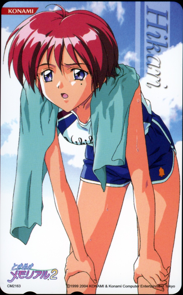 kokura masashi, hinomoto hikari, tokimeki memorial, tokimeki memorial 2, official art, scan, 00s, 1990s (style), 1girl, 2004, :o, character name, company name, copyright name, gym uniform, hands on own knees, leaning forward, logo, mole, mole under eye, mousepad (object), open mouth, purple eyes, red hair, retro artstyle, short hair, sweat, towel, towel around neck