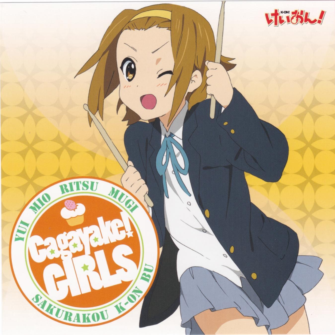 tainaka ritsu, k-on!, highres, 00s, 1girl, album cover, blazer, brown hair, cover, drumsticks, female focus, headband, jacket, pleated skirt, school uniform, short hair, skirt, solo, tomboy, wink