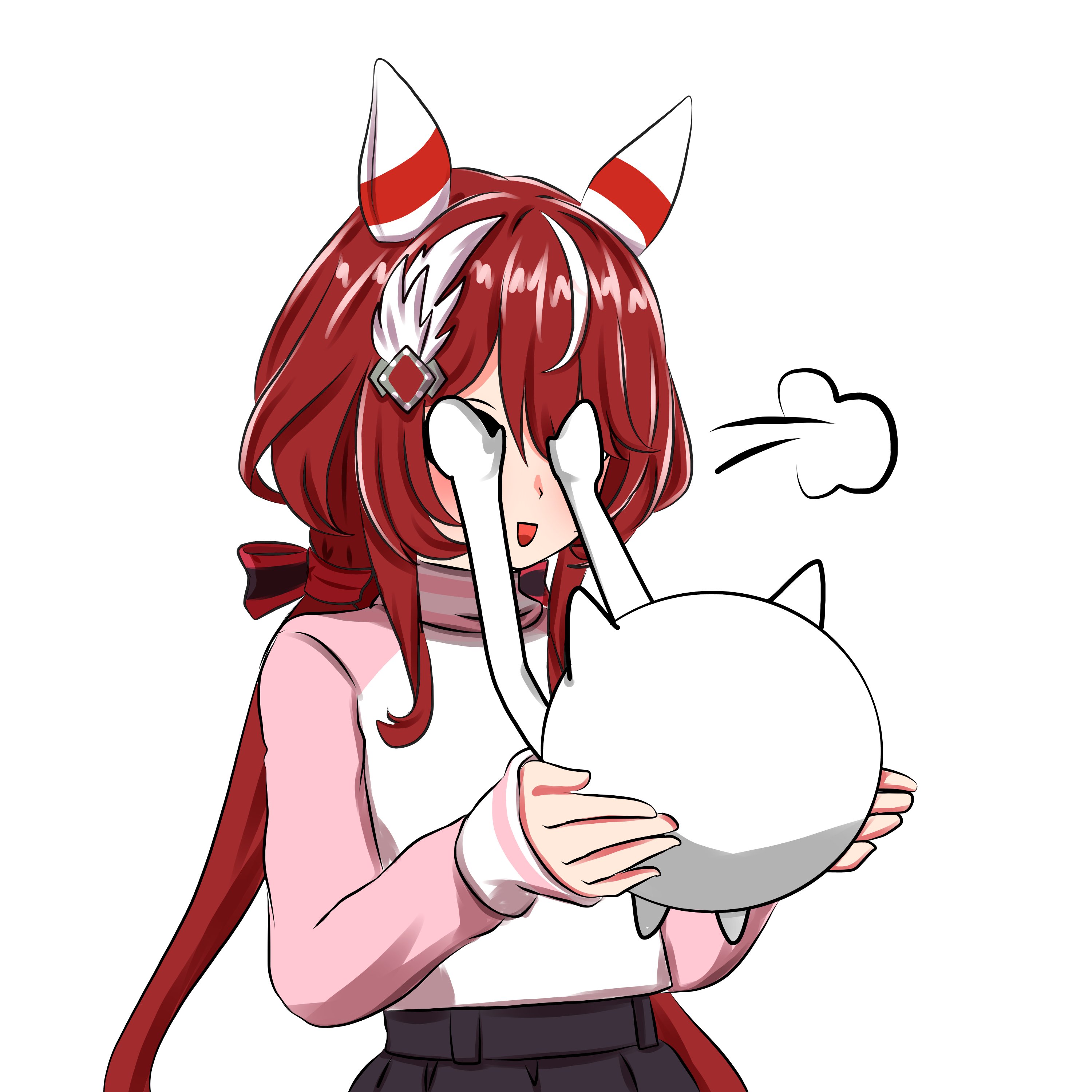 cat (nyanko daisensou), win variation (casual) (umamusume), win variation (umamusume), nyanko daisensou, umamusume, absurdres, highres, animal ears, blush, casual, cat ears, ear covers, feather hair ornament, feathers, green eyes, hair between eyes, hair ornament, horse ears, horse girl, jacket, katyusha.v, long hair, low twintails, pink jacket, red hair, twintails, white background
