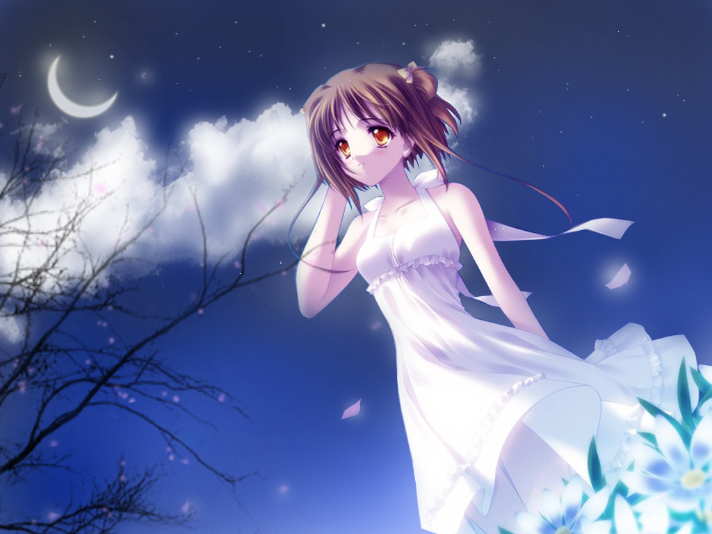 amamiya poran, mimi (orbit), 1girl, adjusting hair, bare shoulders, bow, branch, brown eyes, brown hair, cherry blossoms, cloud, crescent moon, dress, female focus, flower, frills, hair bow, looking up, moon, night, night sky, orange eyes, petals, ribbon, short hair, sky, solo, tree