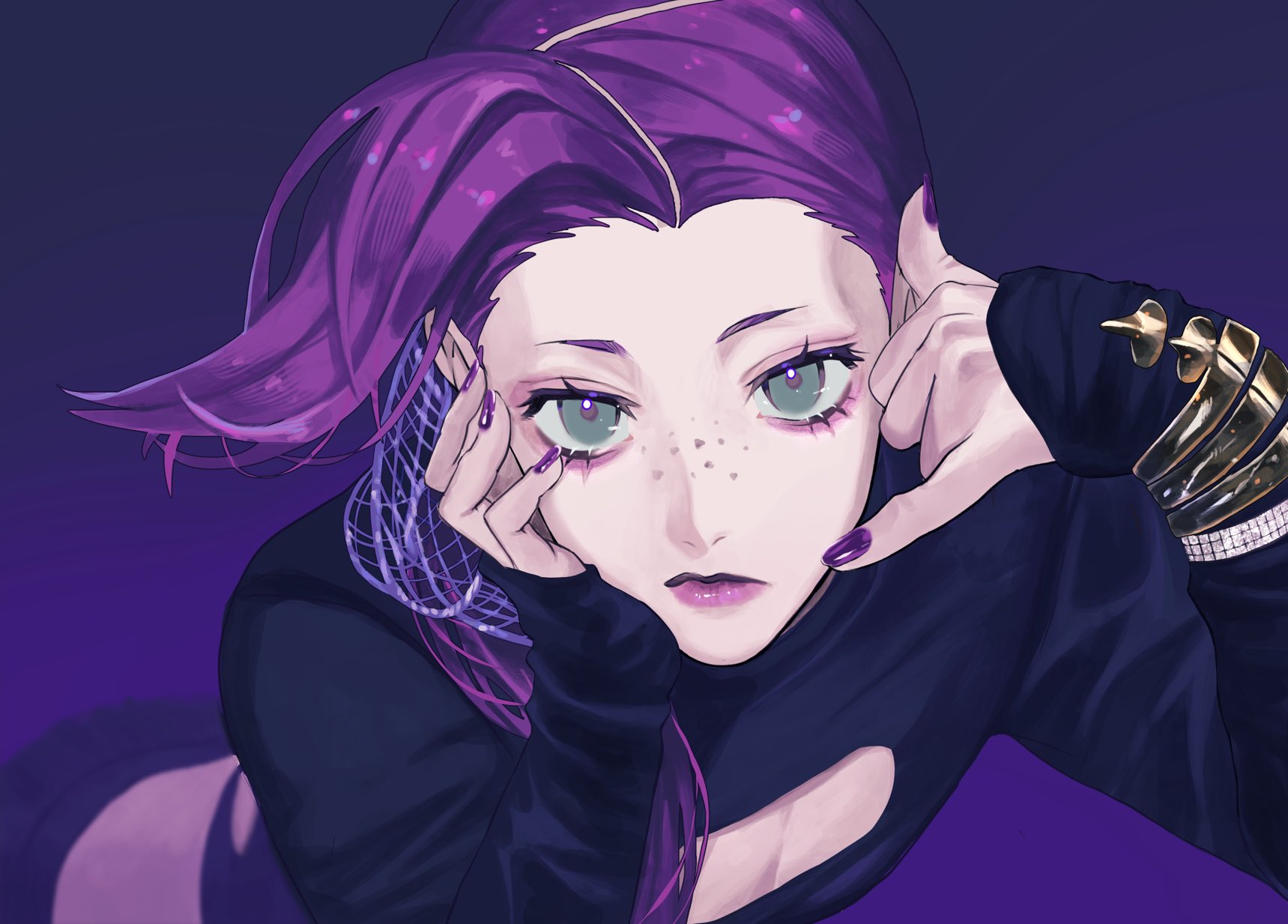 vinegar doppio, jojo no kimyou na bouken, vento aureo, highres, 1boy, black sweater, bracelet, cleavage cutout, closed mouth, clothing cutout, crop top, eyelashes, fingernails, freckles, gradient background, green eyes, hand on own cheek, hand on own face, head rest, jewelry, long hair, long sleeves, looking at viewer, makeup, mascara, nail polish, purple background, purple hair, purple lips, purple nails, rr9pt76u5phwgqx, sleeves past wrists, solo, sweater