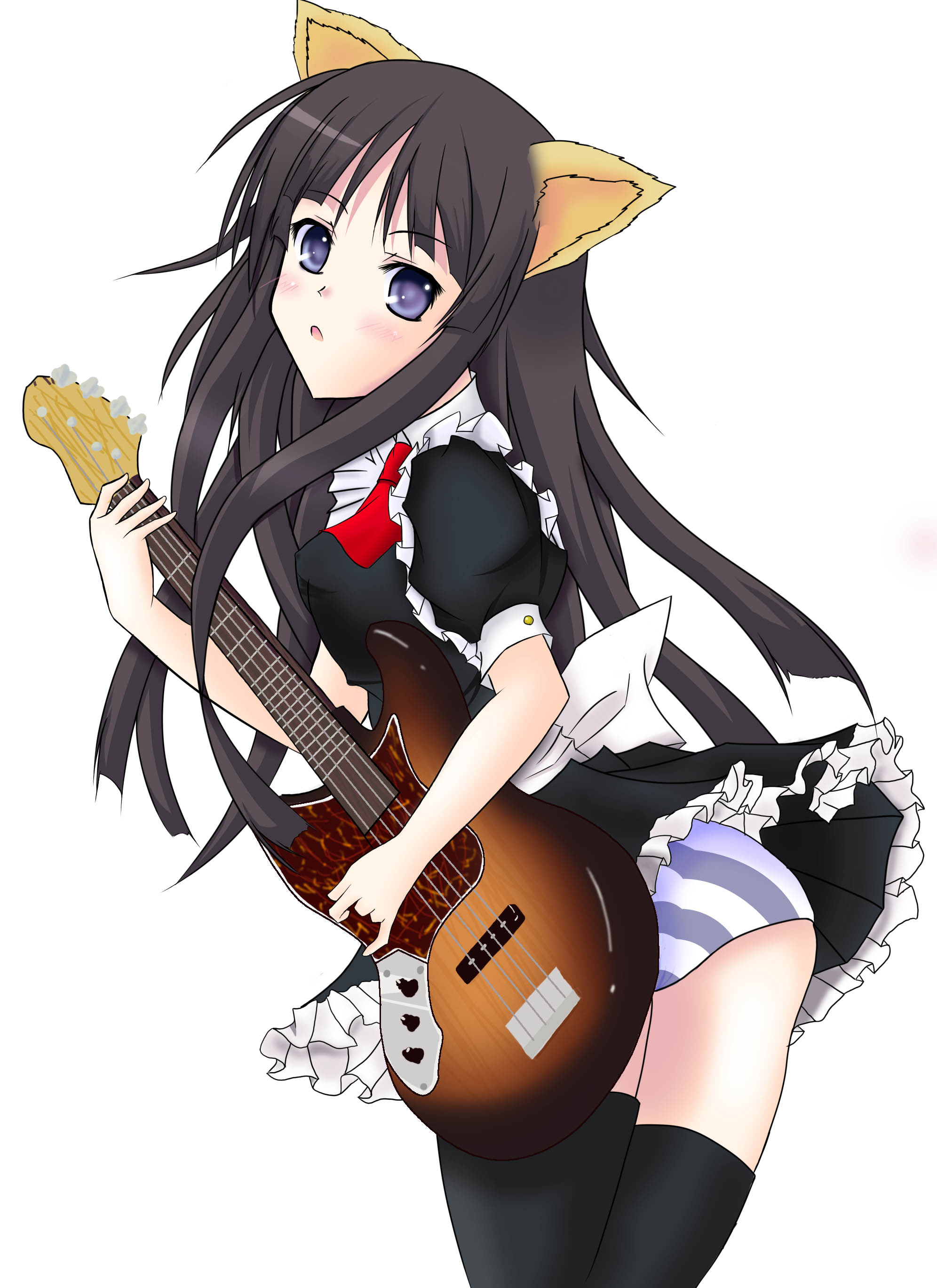 ippon sakura, akiyama mio, k-on!, absurdres, bad id, bad pixiv id, highres, 00s, 1girl, alternate costume, animal ears, bass guitar, black hair, blue eyes, blush, cat ears, enmaided, female focus, instrument, kemonomimi mode, lingerie, long hair, maid, panties, pantyshot, solo, striped clothes, striped panties, thighhighs, underwear
