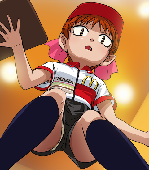 haruyama kazunori, nekomusume, gegege no kitarou, mcdonald's, toei company, uniform, 1girl, armpit peek, brown eyes, brown hair, fang, female focus, from below, kneehighs, panties, pantyshot, pointy ears, red hair, ribbon, shorts, socks, solo, underwear, upshorts, yellow eyes