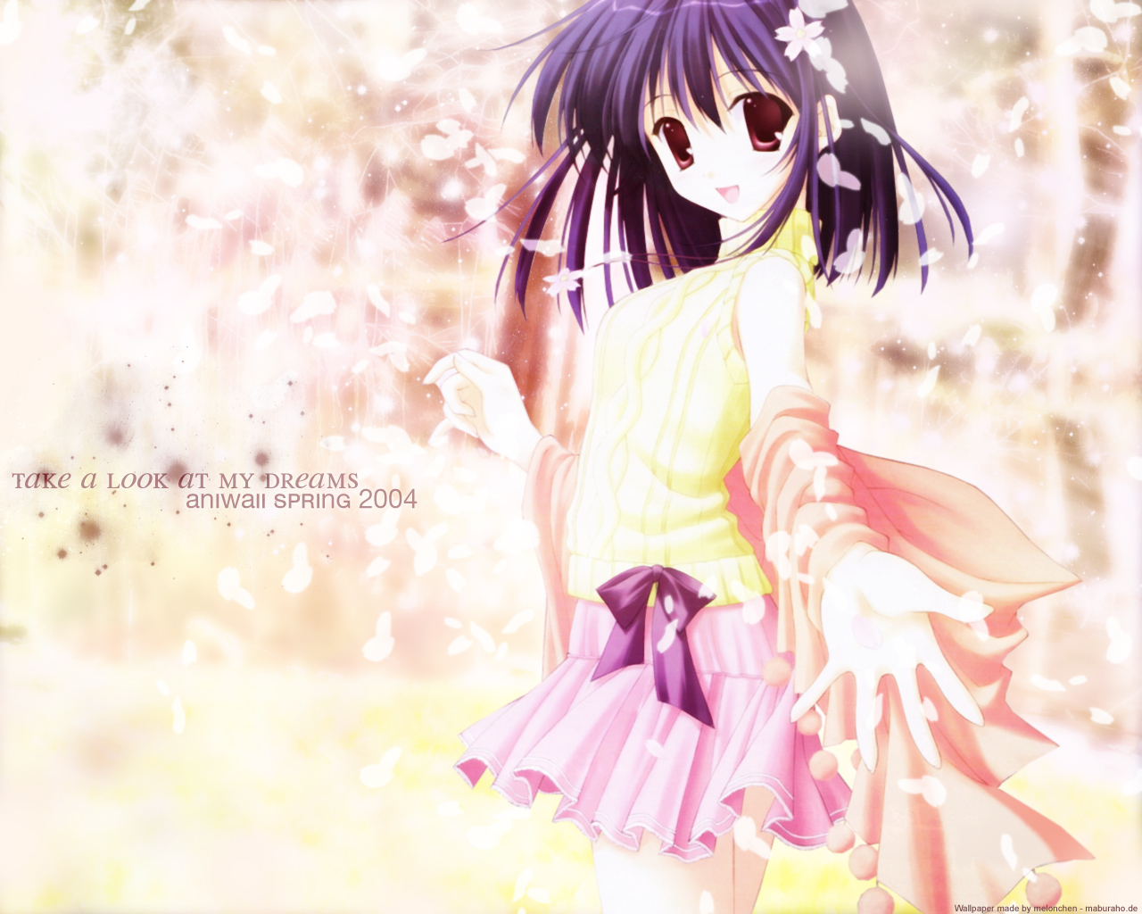 nanao naru, tagme, 1girl, cherry blossoms, female focus, purple hair, red eyes, solo