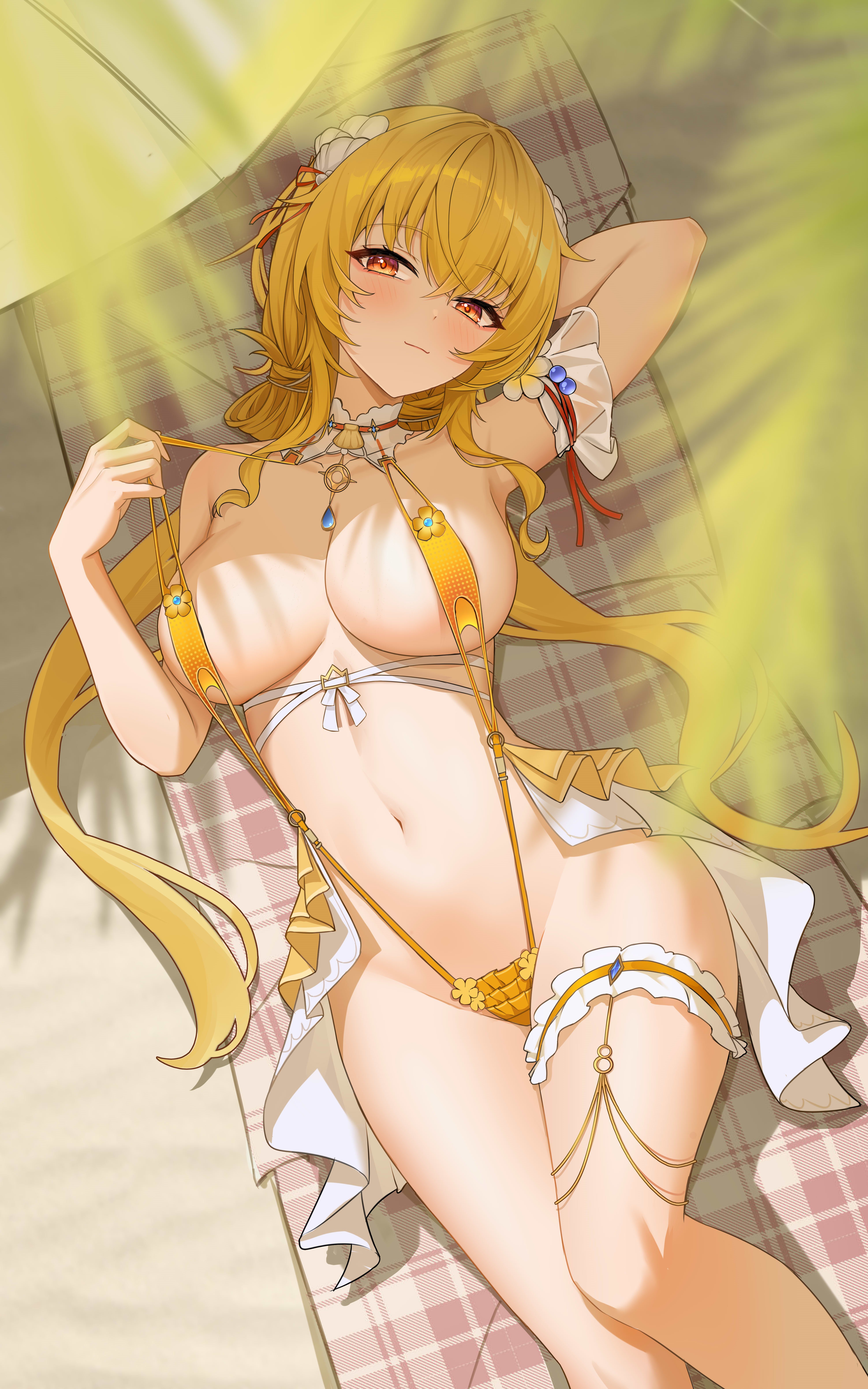 kai si (hscn5578), fenny golden, snowbreak: containment zone, absurdres, commentary, highres, 1girl, arm behind head, arm up, armpits, bare shoulders, beach, beach mat, beach umbrella, bikini tug, blonde hair, blue gemstone, blush, breasts, cleavage, closed mouth, collarbone, criss-cross straps, day, frilled thigh strap, from above, gem, hair between eyes, large breasts, light smile, long hair, looking at viewer, lying, navel, on back, orange eyes, orange slingshot swimsuit, outdoors, palm tree, slingshot swimsuit, solo, stomach, strap lift, sunlight, swimsuit, thigh strap, thighs, tree, umbrella, very long hair