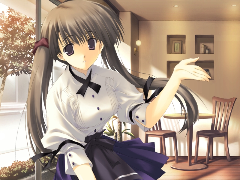 mitsumi misato, sumadera yukio, tenshi no inai 12-gatsu, game cg, 1girl, bow, brown eyes, brown hair, female focus, long hair, purple eyes, solo, twintails, waitress