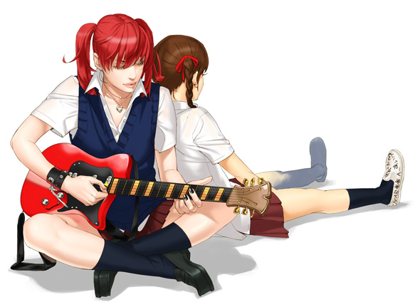 fugi jis, aigle, candy cane (rumble roses), rumble roses, 2girls, guitar, instrument, multiple girls, red hair, school uniform, short twintails, simple background, sitting, twintails, white background