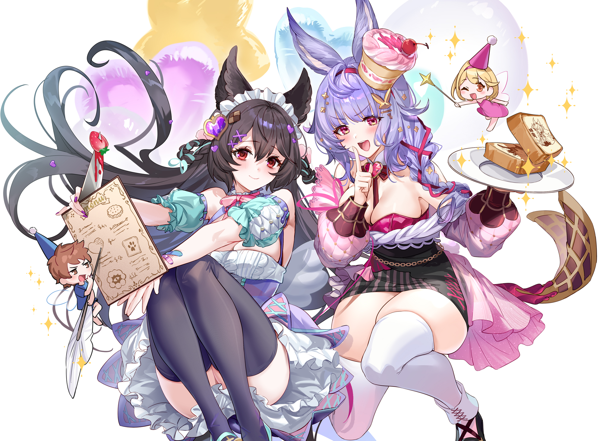 aki663, djeeta (granblue fantasy), gran (granblue fantasy), nier (granblue fantasy), tikoh, granblue fantasy, highres, animal ears, black hair, blue hair, blush, braid, breasts, cleavage, erune, flower, hair between eyes, hair ornament, jewelry, large breasts, long hair, looking at viewer, medium breasts, open mouth, red eyes, smile, thighhighs, thighs