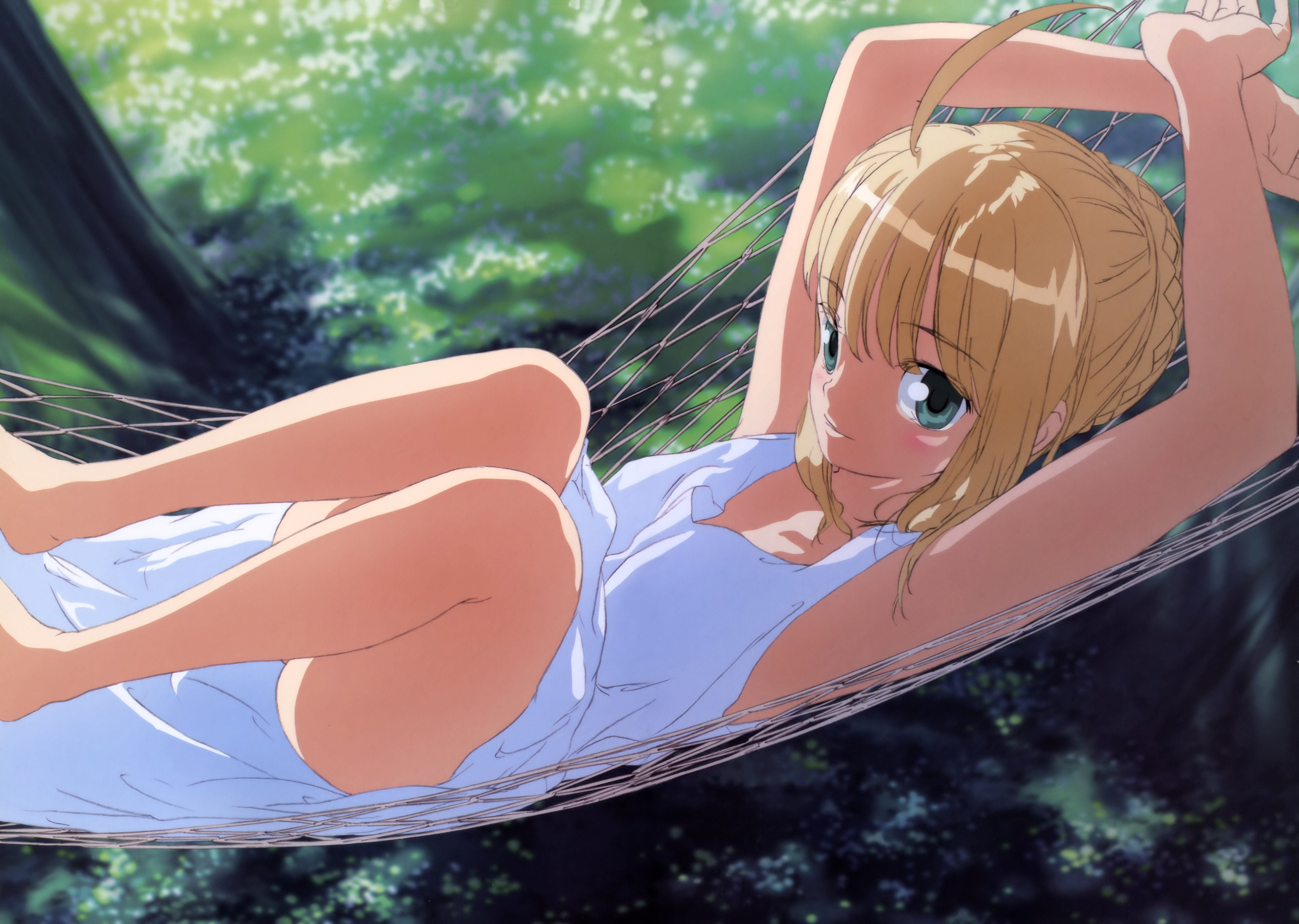 kuwana ikuo, artoria pendragon (fate), saber (fate), fate/stay night, fate (series), absurdres, highres, 00s, ahoge, armpits, barefoot, blonde hair, braid, dress, forest, green eyes, hammock, nature, outdoors, smile, solo, white dress