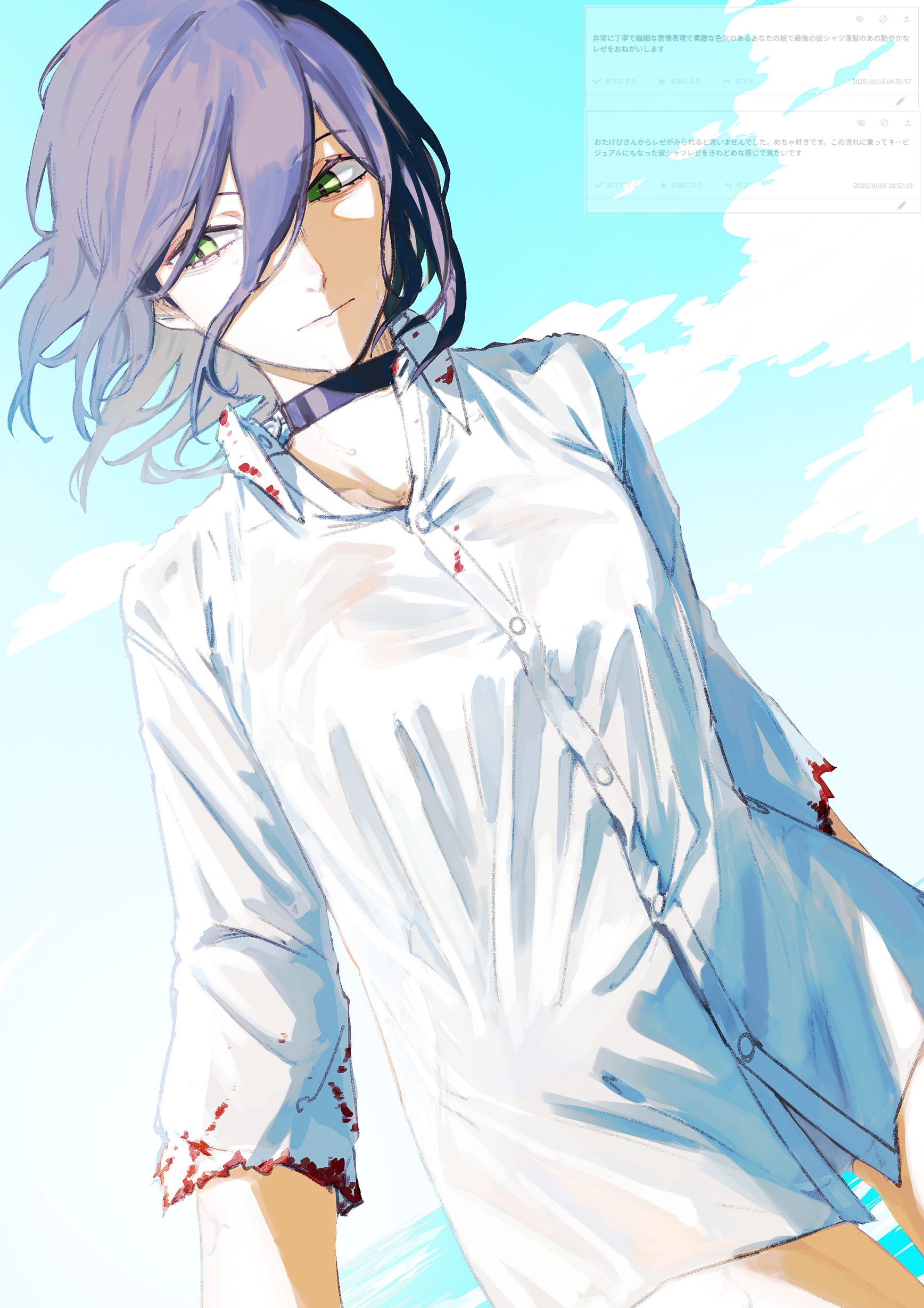 y4mori gekko, reze (chainsaw man), chainsaw man, odaibako, absurdres, commentary, highres, 1girl, black choker, black hair, blood, blood on clothes, choker, closed mouth, collarbone peek, collared shirt, cowboy shot, day, dutch angle, green eyes, hair between eyes, long hair between eyes, looking to the side, medium hair, no pants, panties, pantyshot, request inset, shirt, sky, solo, underwear, white shirt