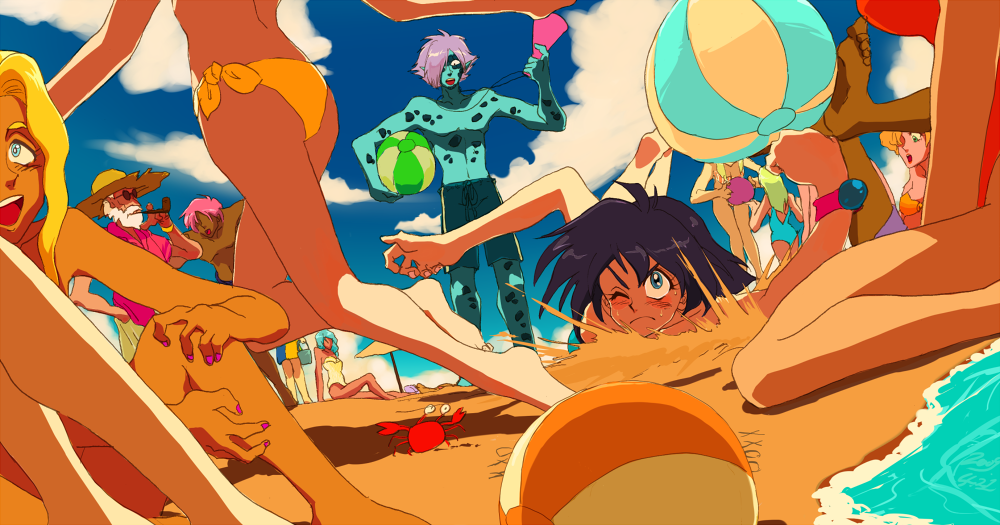 yumemi, amelia wil tesla seyruun, zelgadiss graywords, slayers, bad id, bad pixiv id, 3boys, 6+girls, ball, beach, beachball, crab, crustacean, day, falling, multiple boys, multiple girls