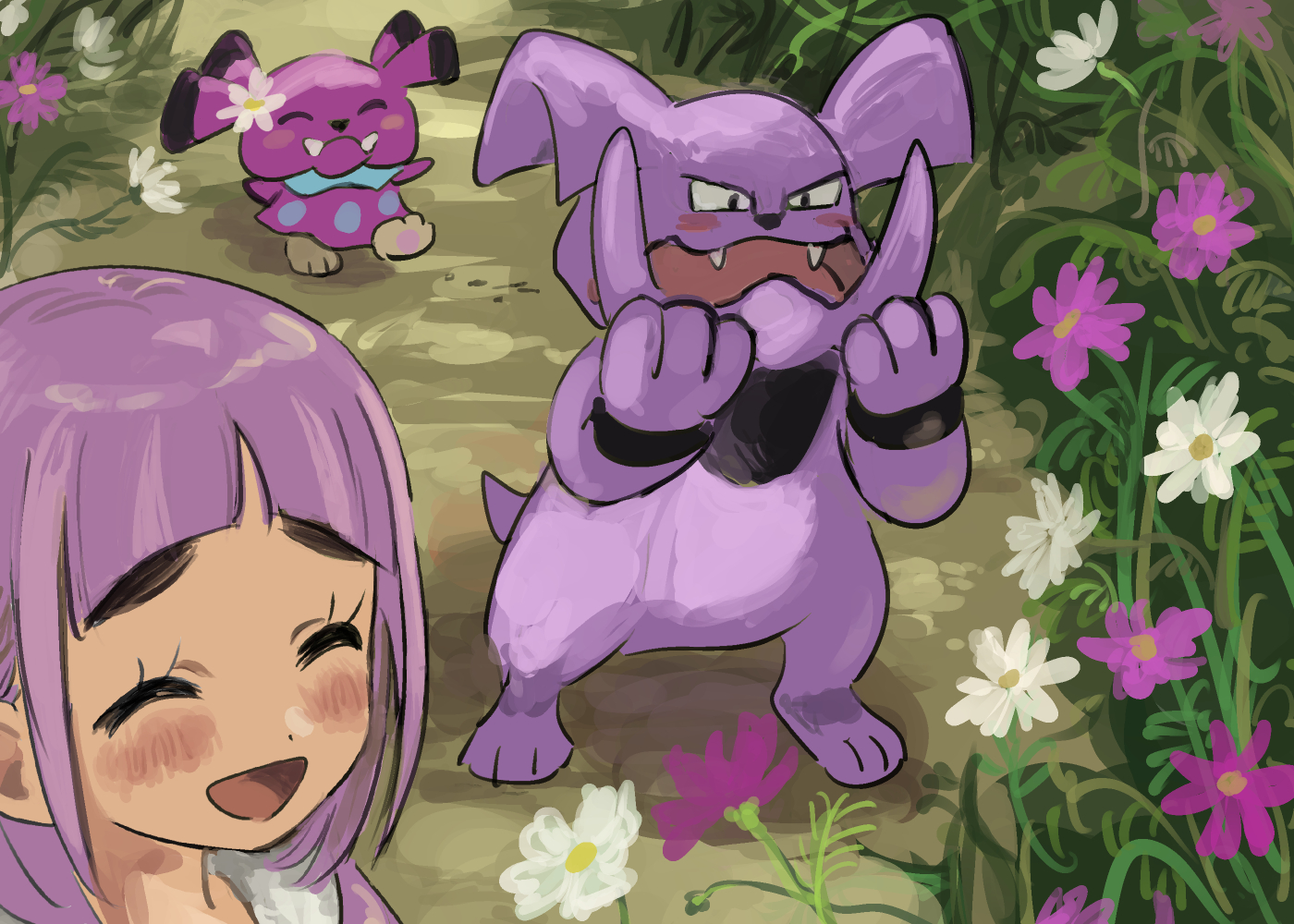 assassinookayu, granbull, lacey (pokemon), snubbull, nintendo, pokemon, pokemon sv, 1girl, black eyes, blush, closed eyes, day, eyelashes, fangs, flower, gen 2 pokemon, grass, open mouth, outdoors, pink flower, pokemon (creature), purple hair, white flower