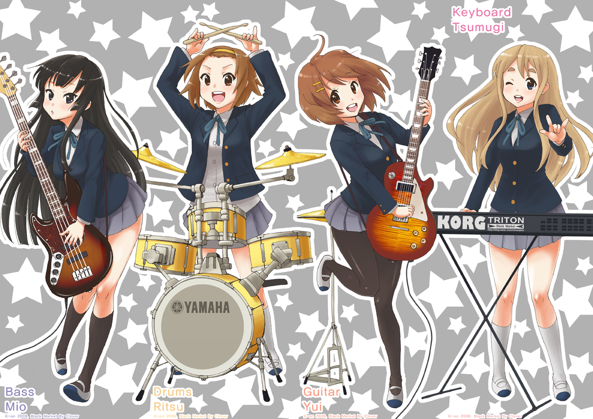 cloverpeia, akiyama mio, hirasawa yui, kotobuki tsumugi, tainaka ritsu, k-on!, 00s, 4girls, band (music), blazer, drum, drum set, electric guitar, gibson les paul, guitar, ho-kago tea time, instrument, jacket, keyboard, keyboard (instrument), latex, multiple girls, pantyhose, pleated skirt, school uniform, skirt, star (symbol), tomboy