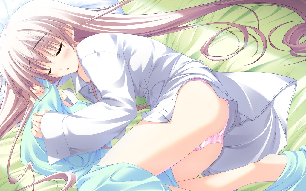 misagiri kanade, marginal skip, game cg, 1girl, bed, brown hair, closed eyes, female focus, long hair, panties, pillow, sleeping, solo, striped clothes, striped panties, underwear