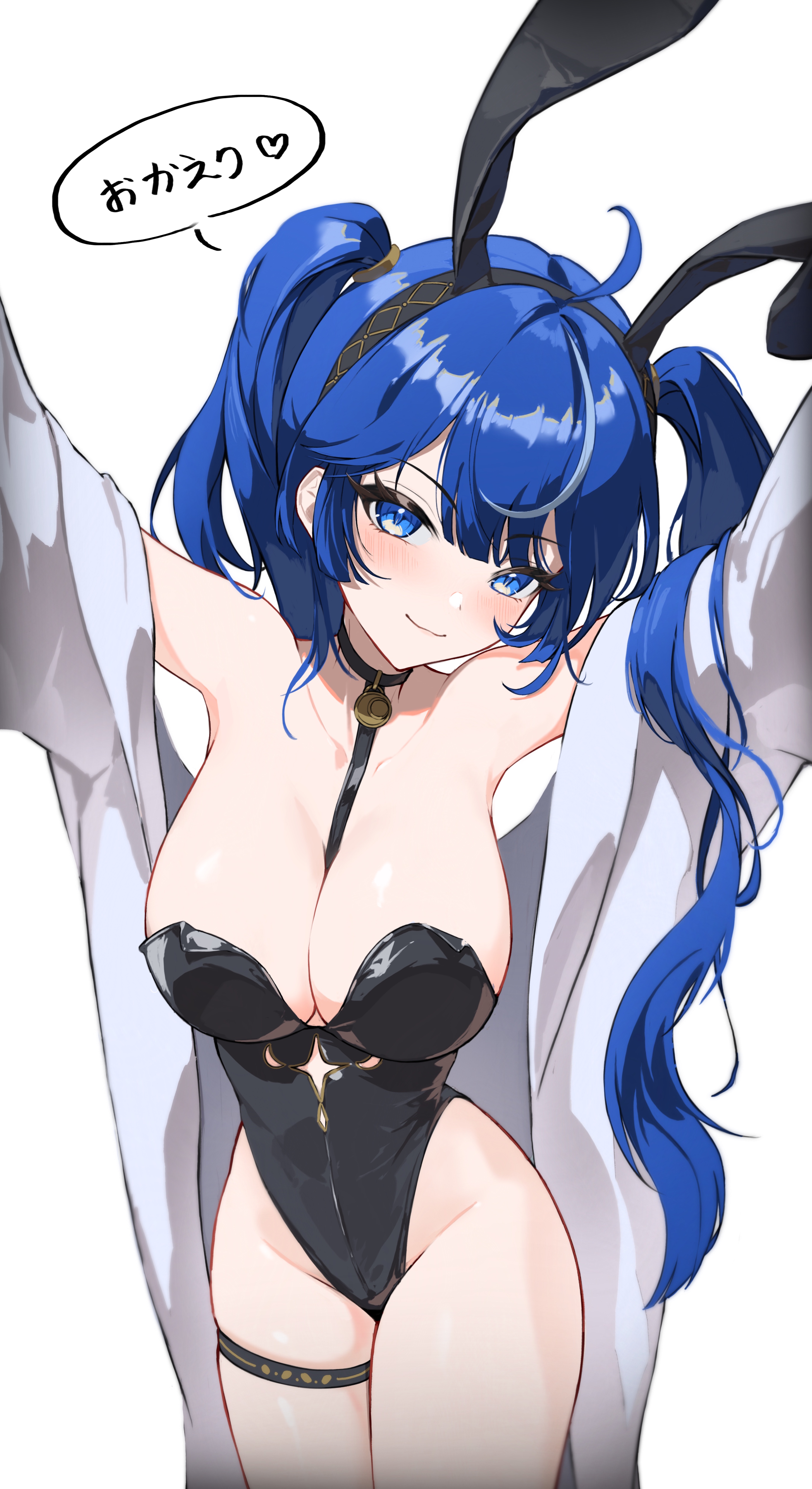 gozero, iuno (wuthering waves), wuthering waves, absurdres, commentary, highres, translation request, 1girl, ahoge, alternate costume, animal ear hairband, animal ears, bare shoulders, black leotard, blue eyes, blue hair, blush, breasts, cleavage, closed mouth, clothing cutout, coat, collarbone, cutout above navel, fake animal ears, groin, hairband, highleg, highleg leotard, large breasts, leotard, long hair, looking at viewer, multicolored hair, off shoulder, open clothes, open coat, playboy bunny, rabbit ear hairband, rabbit ears, simple background, skindentation, smile, solo, strapless, strapless leotard, streaked hair, thigh strap, thighs, twintails, white background, white coat