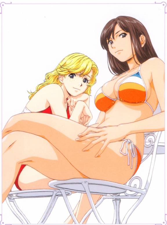 horibe hiderou, 2girls, bikini, blonde hair, breasts, brown hair, chair, cleavage, crossed legs, freckles, head rest, large breasts, legs, long hair, multiple girls, side-tie bikini bottom, sideboob, simple background, sitting, smile, swimsuit, table