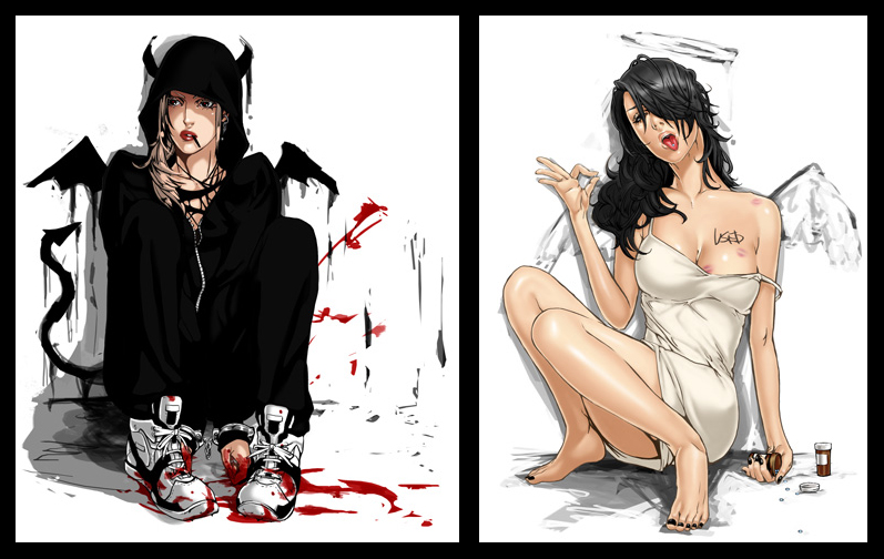 fugi jis, original, 2girls, barefoot, black hair, black nails, black vs white, blonde hair, blood, cuffs, delinquent, drugs, feet, graffiti, handcuffs, hood, hooded jacket, horns, jacket, multiple girls, nail polish, pill, shoes, sitting, sneakers, strap slip, tongue, wings