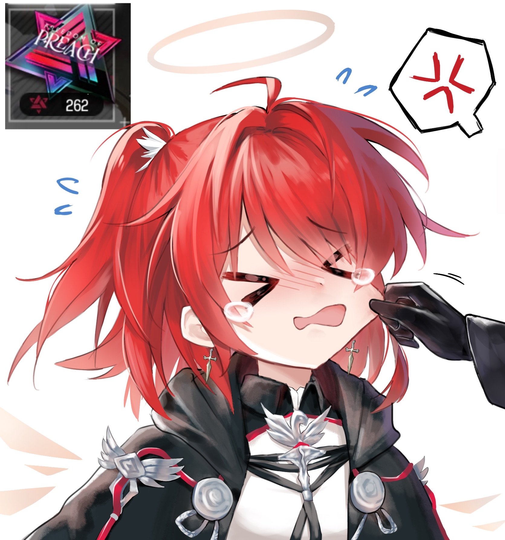 rinzy, doctor (arknights), exusiai (arknights), exusiai the new covenant (arknights), arknights, highres, > <, 1girl, ahoge, anger vein, black gloves, cheek pinching, earrings, gacha (game mechanic), gloves, halo, jewelry, one side up, pinching, red hair, spoken anger vein, tearing up, white background