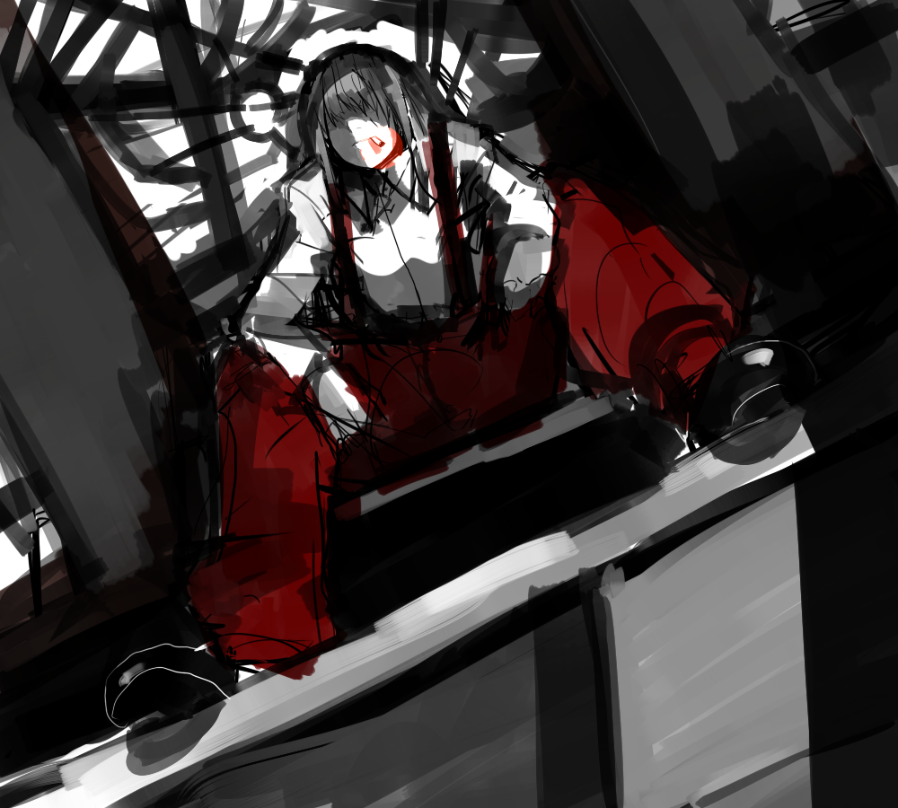 un-known (ninesix), fujiwara no mokou, touhou, silver hair, bad id, bad pixiv id, 1girl, cigarette, female focus, full body, long hair, monochrome, sitting, smoking, solo, spot color, suspenders