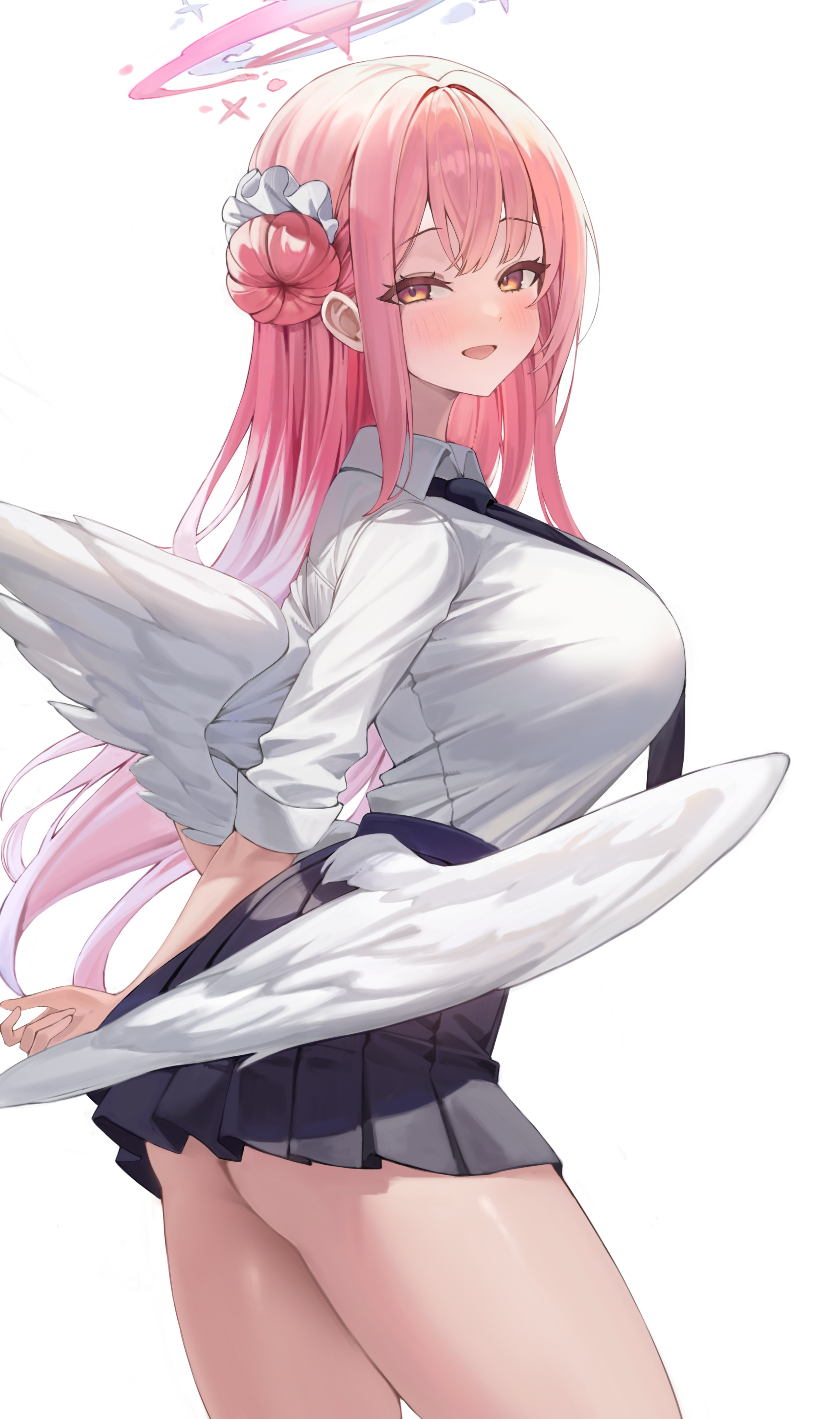 akamin435, mika (blue archive), blue archive, absurdres, commentary, highres, 1girl, alternate costume, ass, black necktie, black skirt, blush, breasts, feathered wings, hair bun, halo, large breasts, long hair, looking at viewer, looking to the side, miniskirt, necktie, pink hair, pleated skirt, school uniform, shirt, single side bun, skirt, smile, solo, straight hair, thighs, very long hair, white shirt, white wings, wings, yellow eyes