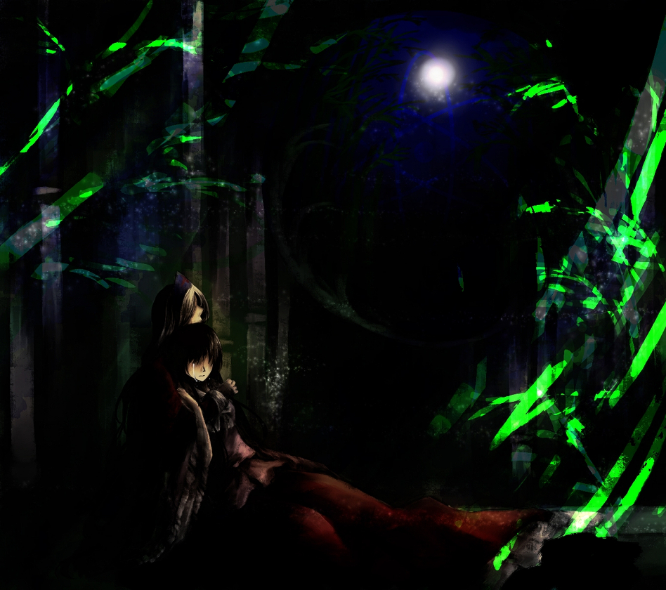 coli, collie, houraisan kaguya, yagokoro eirin, touhou, silver hair, bad id, bad pixiv id, 2girls, black hair, dark, female focus, full moon, hat, japanese clothes, kimono, moon, multiple girls, tears
