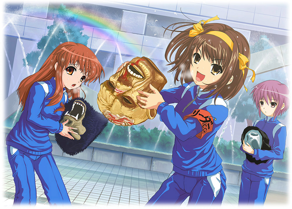 hi-ho-, asahina mikuru, nagato yuki, suzumiya haruhi, scream (movie), suzumiya haruhi no yuuutsu, 00s, 3girls, breath, fountain, gorilla, gym uniform, mask, multiple girls, rainbow, track suit