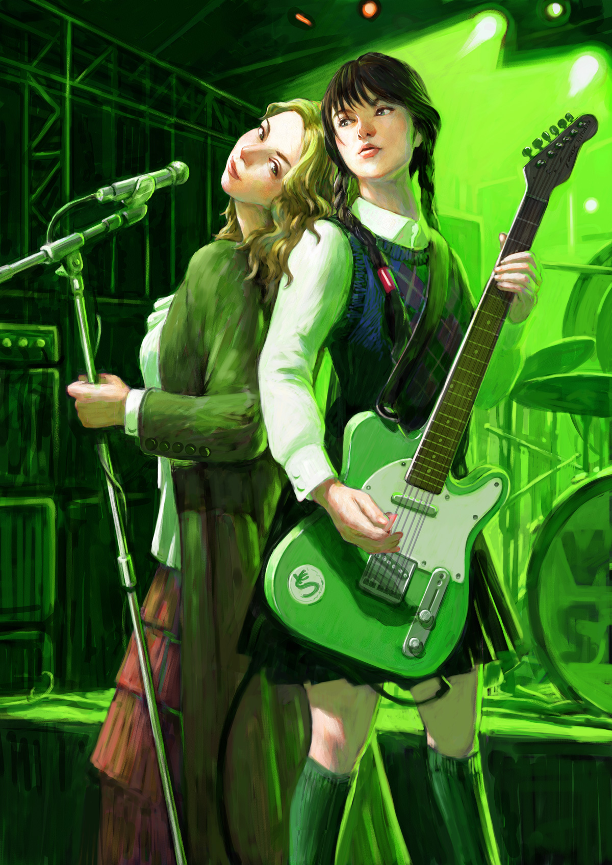 suzuki kensuke, original, bad id, bad pixiv id, highres, 2girls, back-to-back, black hair, blonde hair, blue eyes, braid, drum, electric guitar, fender (company), fender telecaster, guitar, instrument, microphone, microphone stand, multiple girls, plectrum, sweater vest, thighhighs, zettai ryouiki