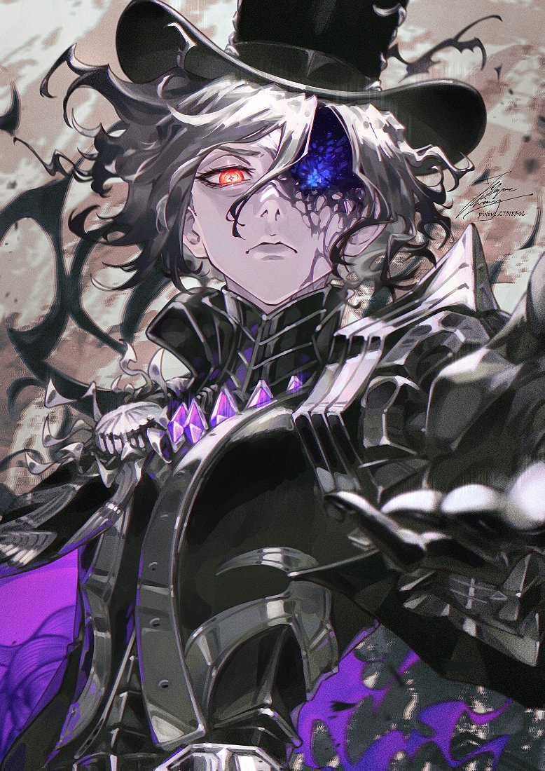 fadingz, edmond dantes (fate), the count of monte cristo (fate), the count of monte cristo (second ascension) (fate), fate/grand order, fate (series), 1boy, black fire, collared cape, cross-shaped pupils, epaulettes, fedora, fire, gloves, gradient hair, grey hair, hat, long hair, long sleeves, looking at viewer, male focus, multicolored hair, neckerchief, one-eyed, purple fire, purple hair, red eyes, shirt, solo, symbol-shaped pupils, white neckerchief