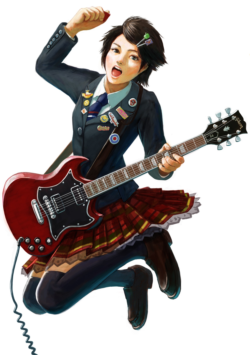 suzuki kensuke, gibson, gibson sg, original, bad id, bad pixiv id, highres, 1girl, badge, black hair, blazer, blue eyes, button badge, electric guitar, female focus, guitar, hair ornament, hairclip, instrument, jacket, jumping, necktie, open mouth, plaid clothes, plaid skirt, plectrum, short hair, skirt, solo, thighhighs, union jack