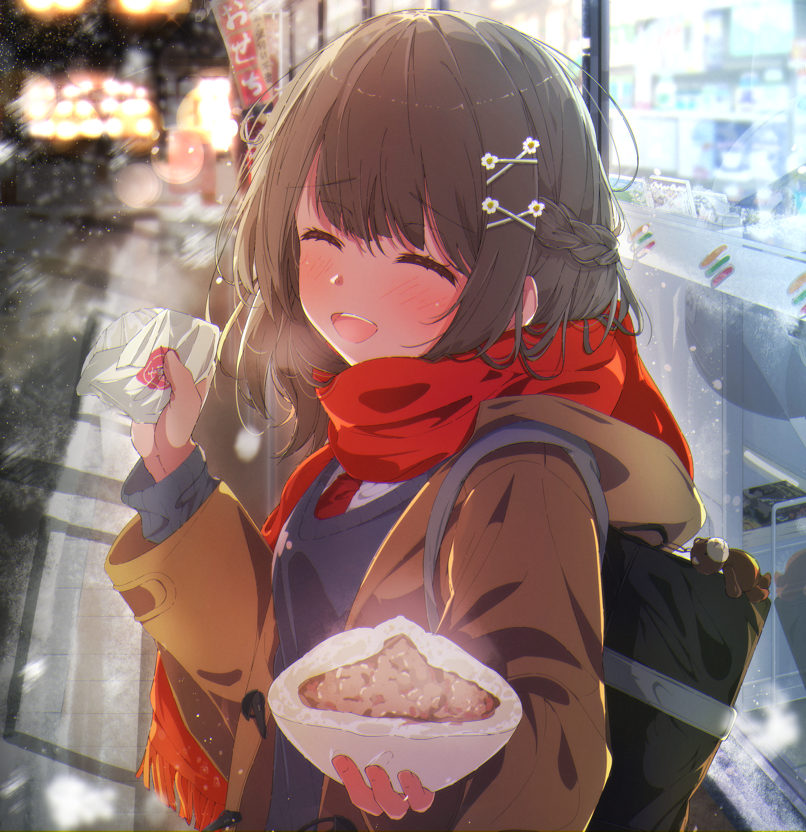 original, absurdres, highres, 1girl, animal charm, backpack, bag, black bag, black hair, blush, brown coat, charm (object), closed eyes, coat, dappled sunlight, fogged glasses, glass, hair ornament, hairclip, looking at viewer, open mouth, red scarf, scarf, school uniform, shop, short hair, smile, solo, sunlight, winter, yukikawa juri