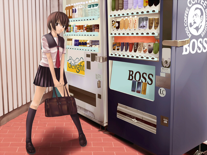 funaba, hitori (htr t), original, bad id, bad pixiv id, 1girl, bag, brown hair, female focus, satchel, school uniform, serafuku, short hair, solo, vending machine