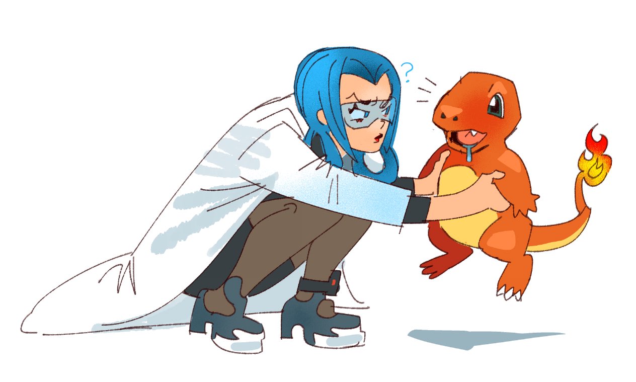 charmander, mable (pokemon), nintendo, pokemon, pokemon legends: z-a, 1girl, 42yow, black dress, black shoes, blue eyes, blue hair, creature, dress, fire, flame-tipped tail, gen 1 pokemon, glasses, hair rings, holding, holding creature, lab coat, lizard, pantyhose, pokemon (creature), safety glasses, saliva, shoes, tail, white background