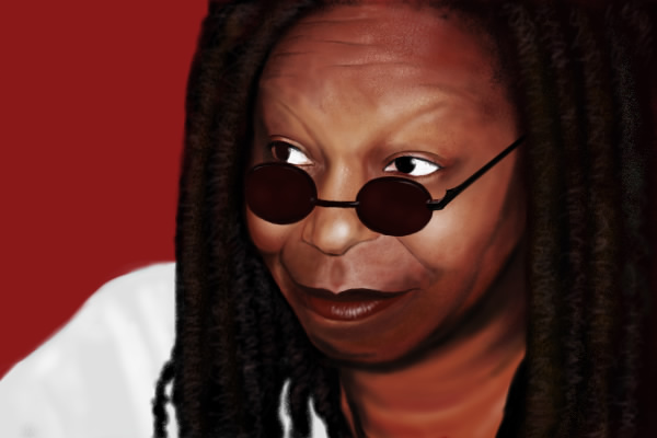 nachonacho, whoopi goldberg, real life, 1girl, dark-skinned female, dark skin, dreadlocks, female focus, old, old woman, photorealistic, raised eyebrows, realistic, red background, round eyewear, simple background, smile, solo, sunglasses