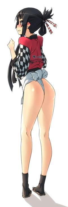 nekomamire, akiyama mio, k-on!, bad id, bad pixiv id, 00s, 1girl, ass, black hair, blush, female focus, from behind, full body, fundoshi, geta, japanese clothes, legs, long hair, socks, solo