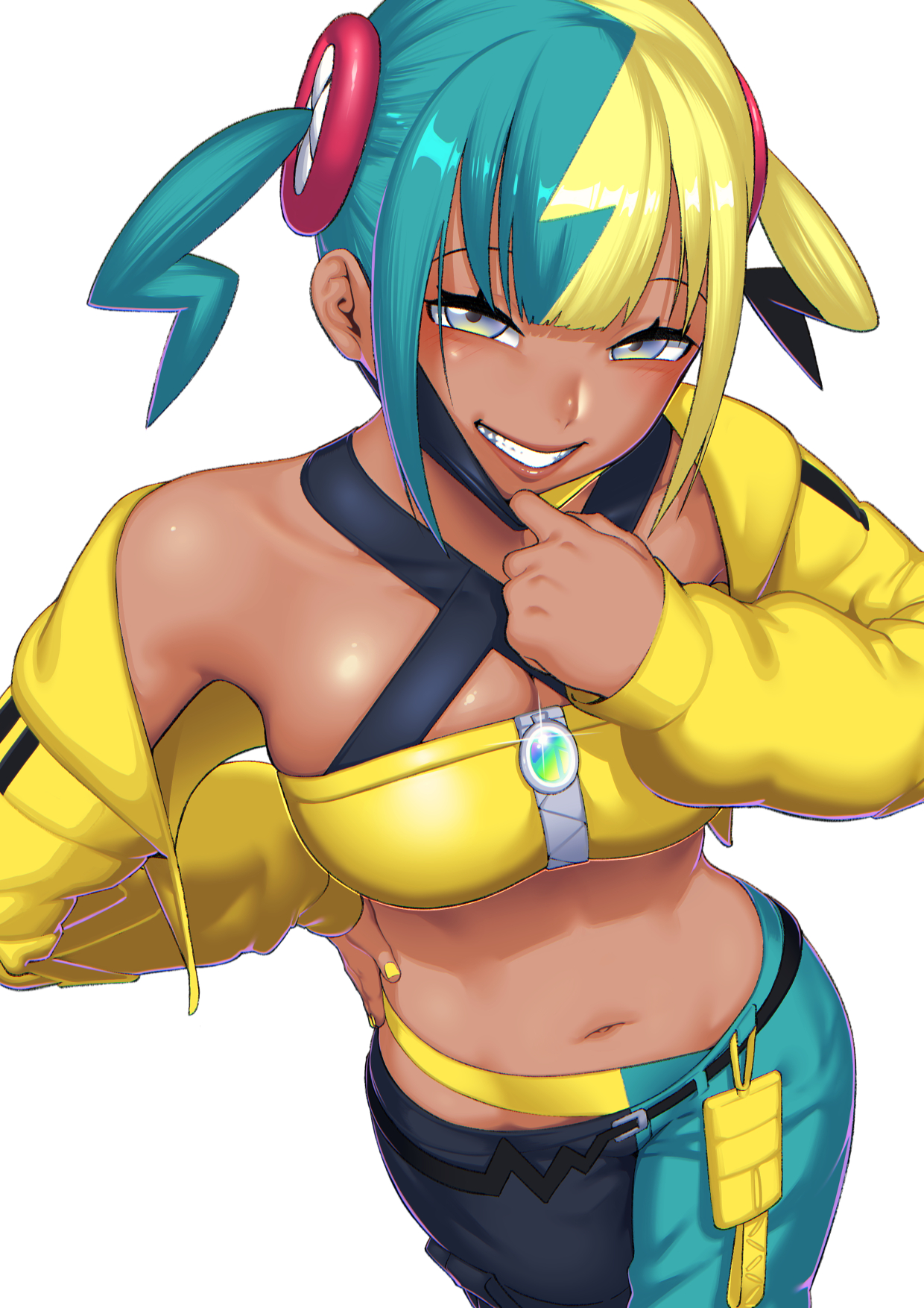 dyun, canari (pokemon), nintendo, pokemon, pokemon legends: z-a, highres, 1girl, bandeau, belt, black pants, blonde hair, blue hair, blue pants, blush, breasts, cleavage, dark-skinned female, dark skin, grin, jacket, long sleeves, looking at viewer, mask, medium breasts, medium hair, mouth mask, multicolored hair, navel, pants, purple eyes, smile, solo, split-color hair, twintails, two-tone mask, two-tone pants, yellow bandeau, yellow jacket