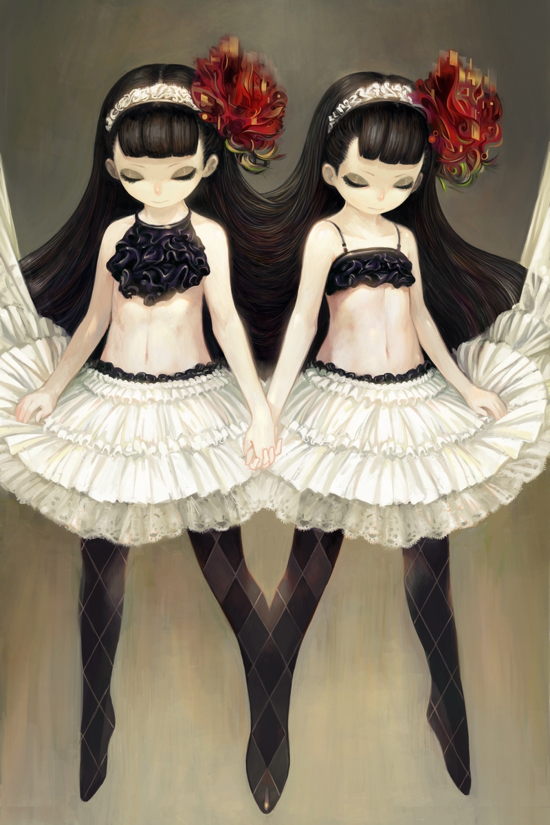 torikawa, original, argyle legwear, highres, 2girls, argyle clothes, black hair, brown hair, child, closed eyes, conjoined, flat chest, flower, frills, gothic lolita, hair ornament, headband, holding hands, lolita fashion, long hair, midriff, multiple girls, navel, pale skin, pantyhose, siblings, sisters, skirt, symmetry, twins