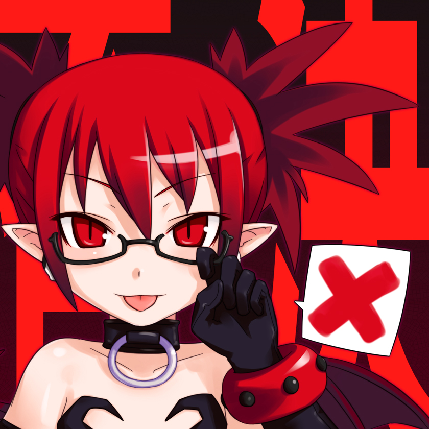 kurabayashi aya, etna (disgaea), disgaea, 1girl, :p, collar, female focus, glasses, gloves, pointy ears, red eyes, red hair, red theme, solo, tongue, tongue out