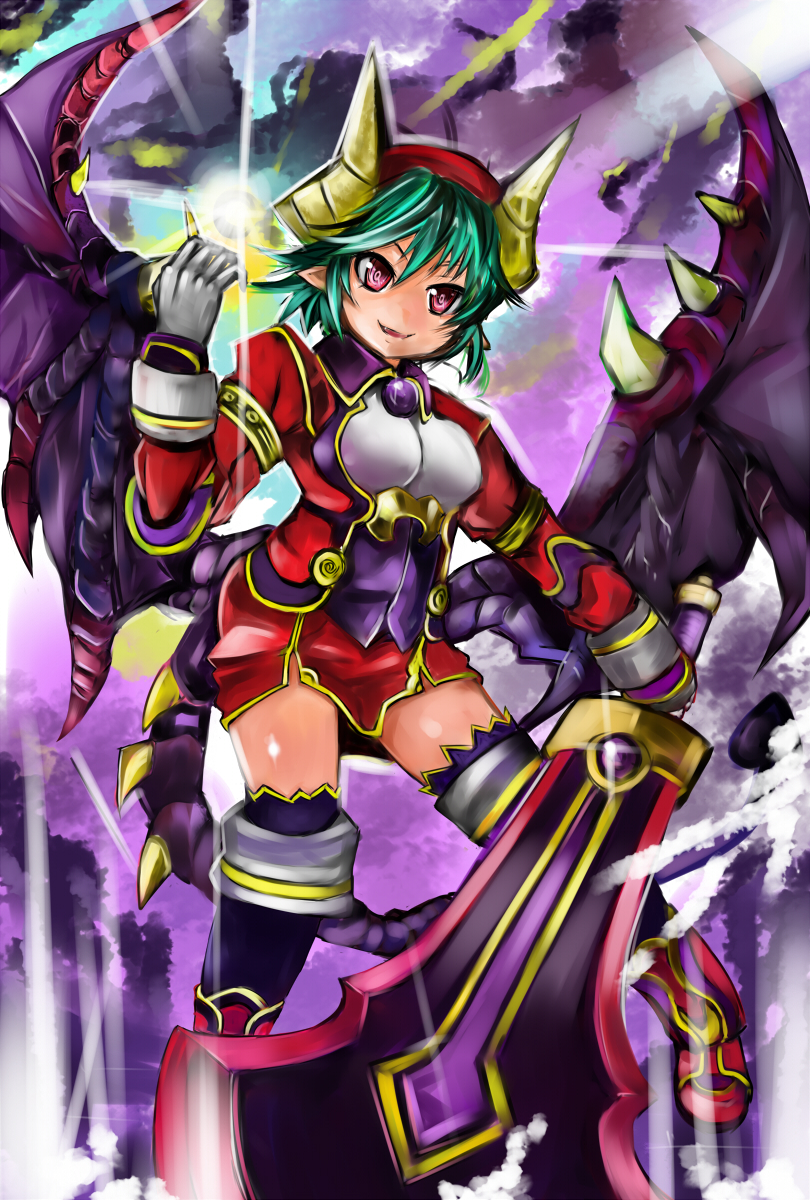 nerotarou, rukia moon, shinrabanshou, highres, demon girl, fang, green hair, horns, huge weapon, monster girl, pink eyes, pointy ears, short hair, skirt, solo, sword, tail, thighhighs, weapon, wings