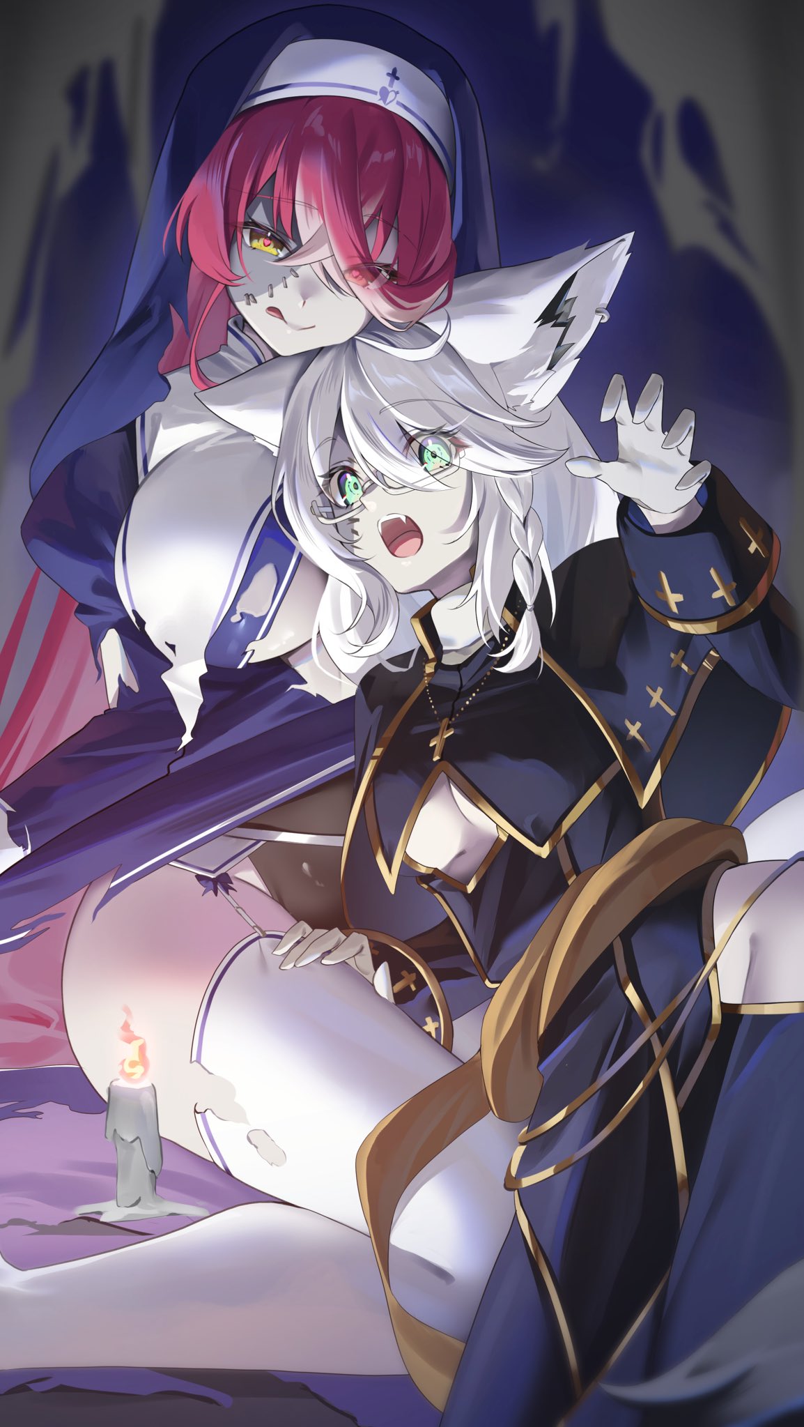pendora1022, houshou marine, houshou marine (nun), shirakami fubuki, hololive, hashtag-only commentary, highres, 2girls, animal ear fluff, animal ears, aqua eyes, black leotard, blue dress, blush, braid, breast curtains, breasts, claw pose, cleavage cutout, closed mouth, clothing cutout, cross, cross necklace, double-parted bangs, dress, fox ears, fox girl, garter belt, gold trim, guimpe, hair between eyes, heterochromia, hip vent, jewelry, large breasts, leotard, leotard under clothes, licking lips, long hair, long sleeves, looking at viewer, multicolored hair, multiple girls, necklace, nun, open mouth, red eyes, red hair, side braid, sitting, smile, streaked hair, swept bangs, thighhighs, tongue, tongue out, torn clothes, torn dress, torn thighhighs, very long hair, virtual youtuber, white garter belt, white hair, white thighhighs, yellow eyes, zombie, zombification